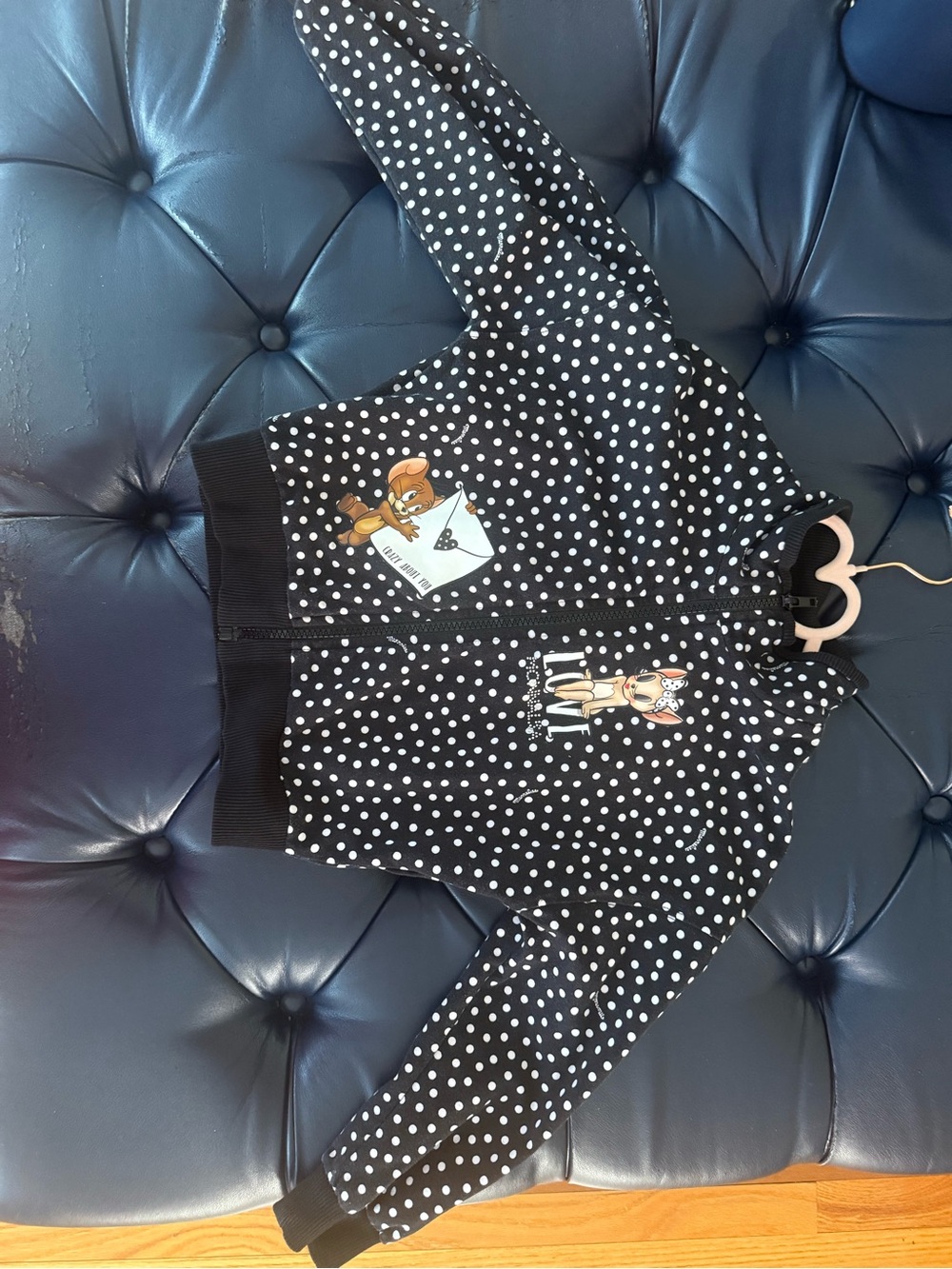 MonnaLisa Black and White Polka Dot Zip Hoodie with Deer Patches
